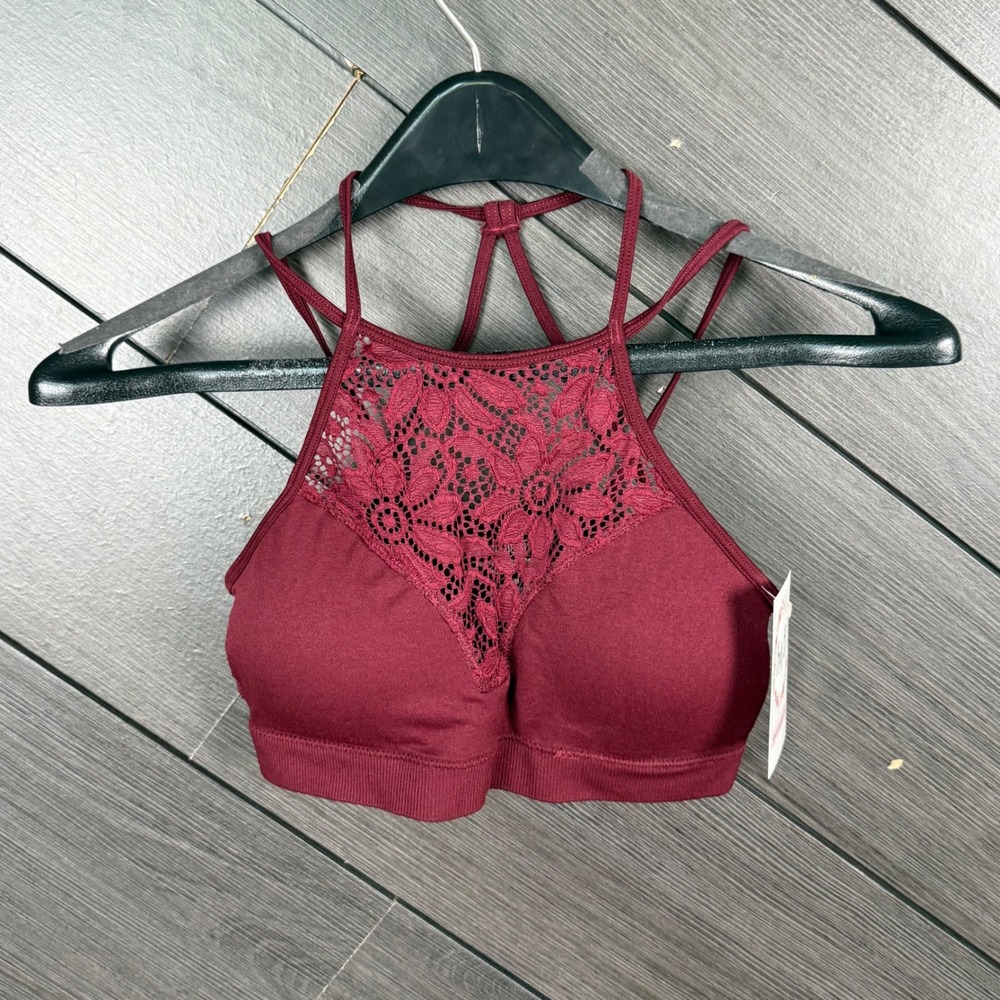 Zenana Outfitters Women's Lace Bralette Small S/M Burgundy Strappy Seamless